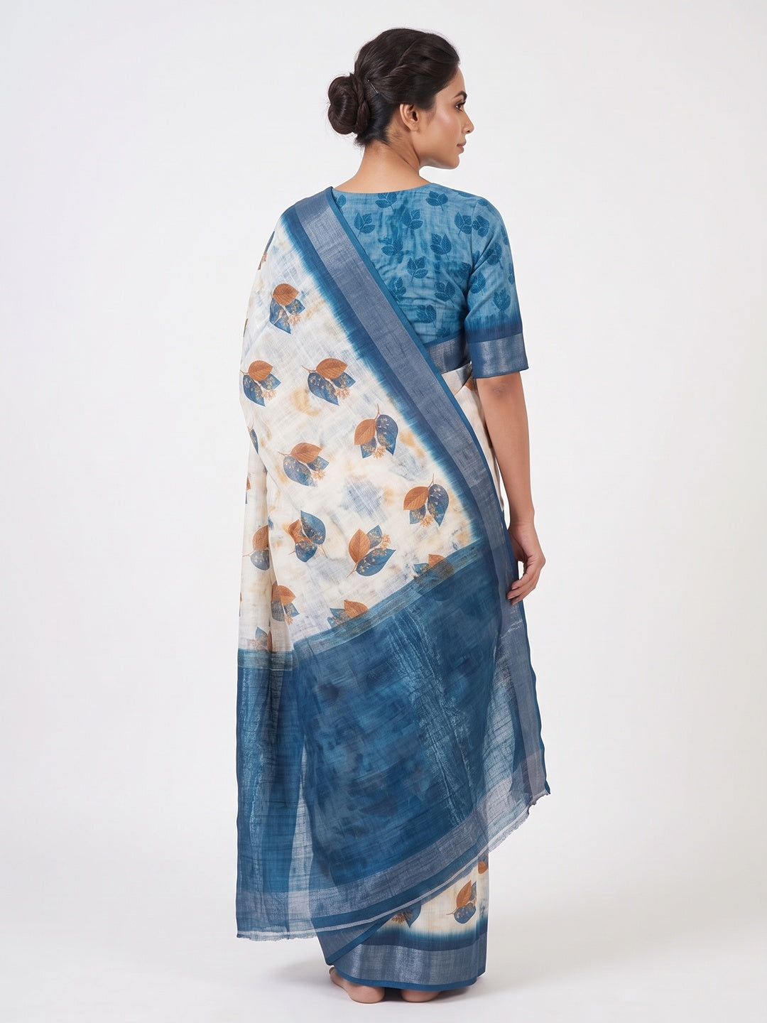 Off-White Linen Printed Saree Adorned with Florals and Subtle Zari Trim - Image 2