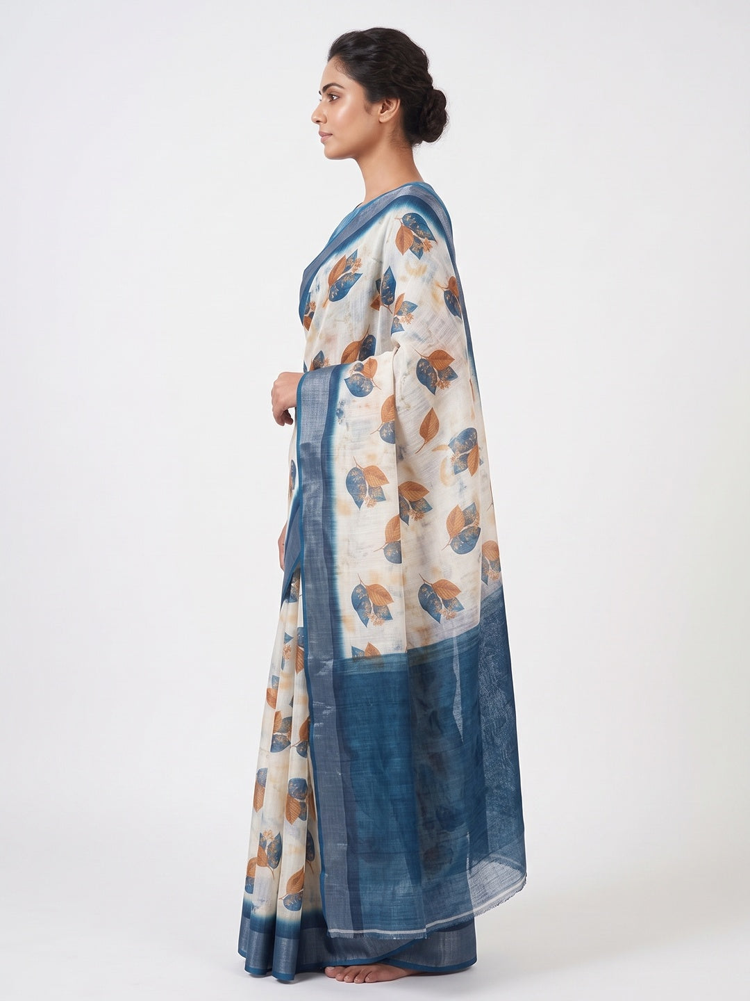 Off-White Linen Printed Saree Adorned with Florals and Subtle Zari Trim - Image 3