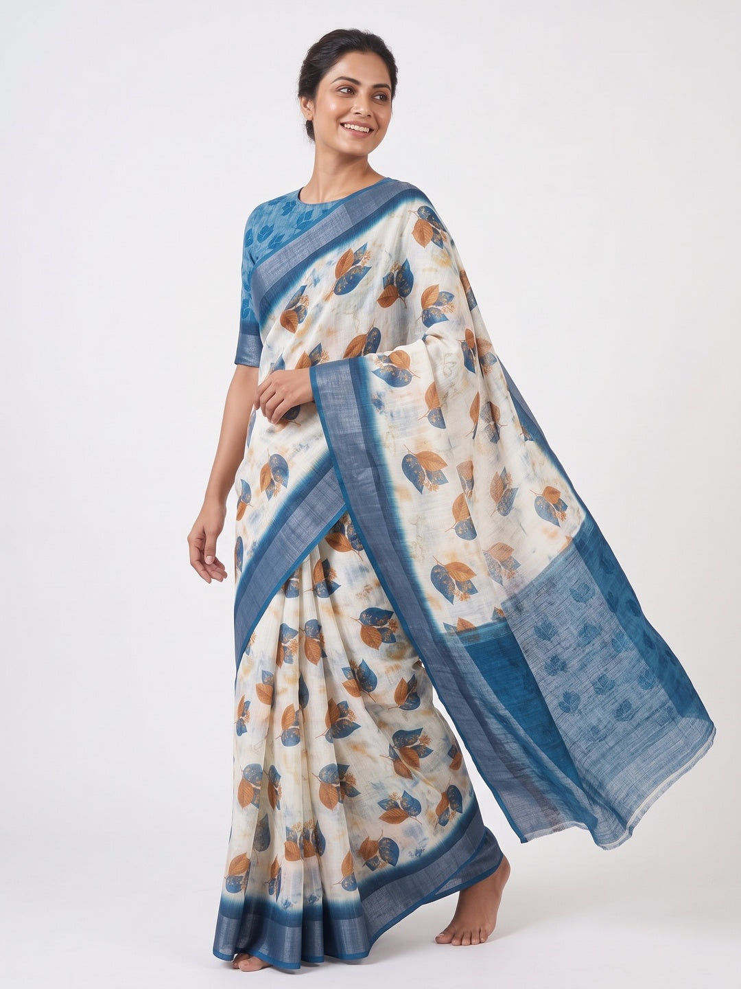 Off-White Linen Printed Saree Adorned with Florals and Subtle Zari Trim - Image 4