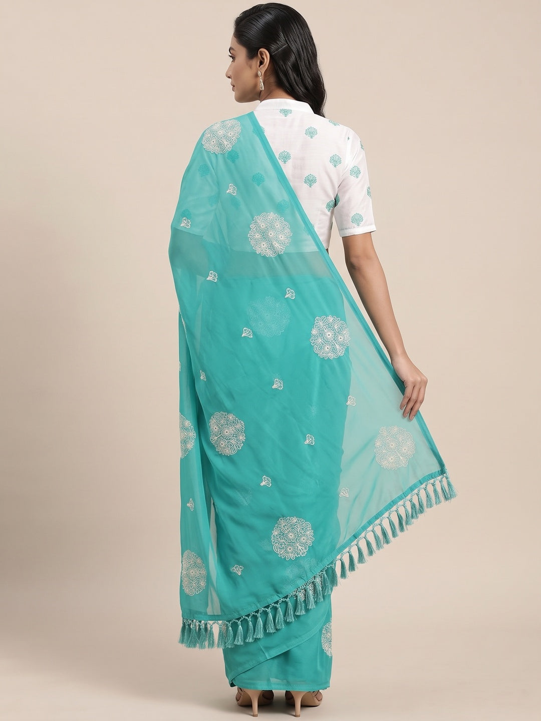 Turquoise Embroidered Chiffon Saree With Elegant Tassel Borders - Image 2