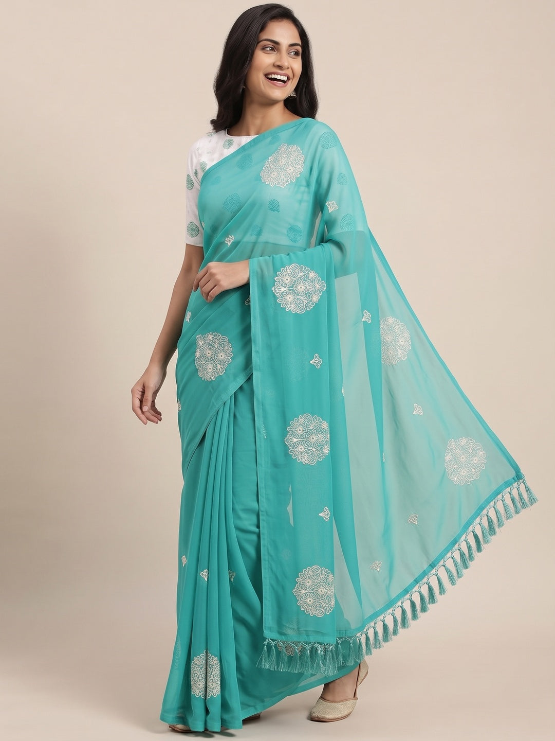 Turquoise Embroidered Chiffon Saree With Elegant Tassel Borders - Image 4