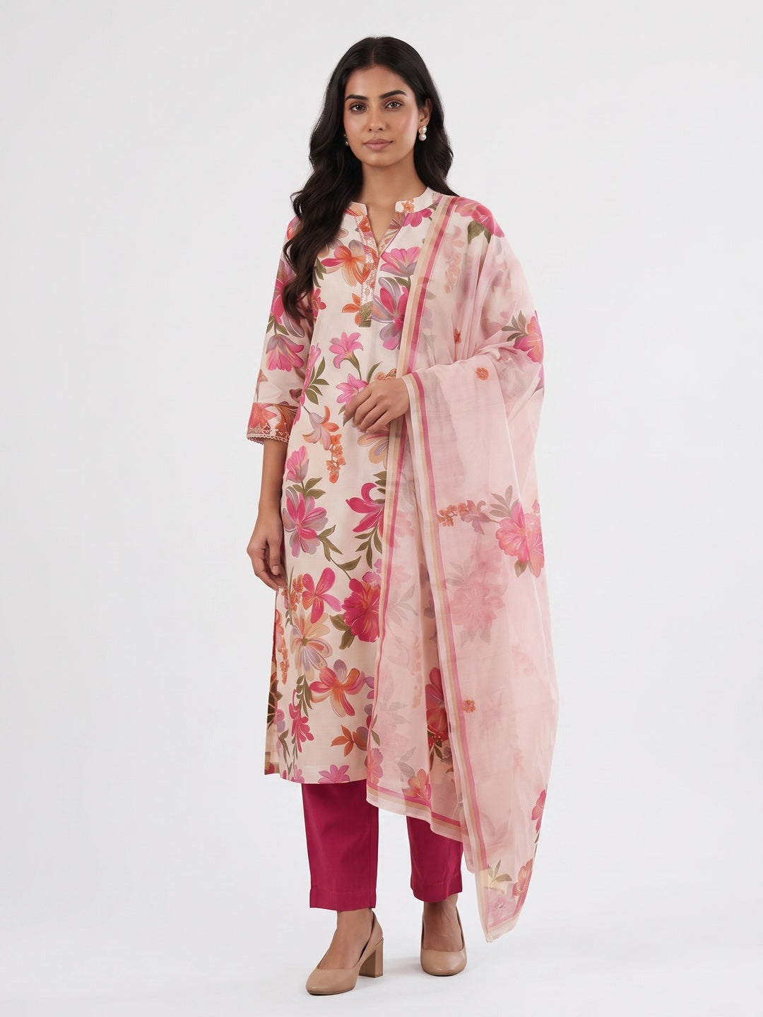Pink Floral Printed Salwar Suit Set with Chanderi Dupatta - Image 3