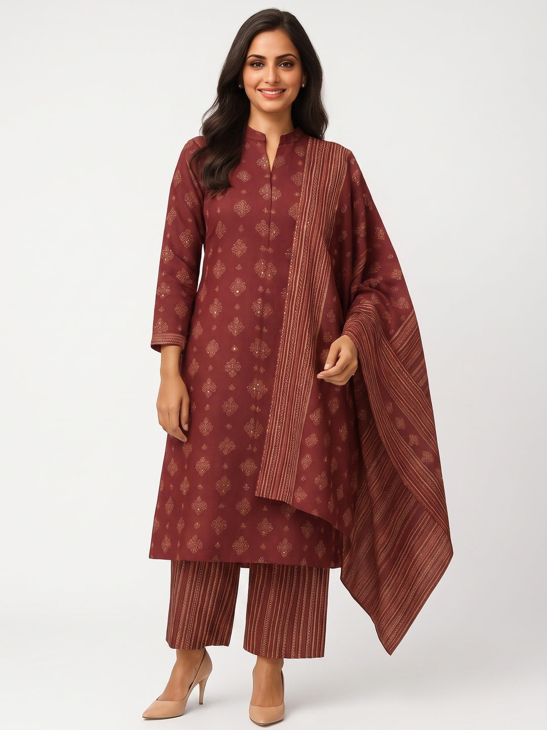 Pure Cotton Maroon Ethnic Suit Featuring All-Over Floral Motifs - Image 5