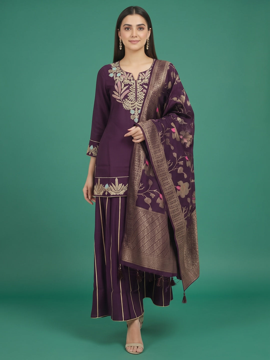 Wine Twill Satin Sharara Suit with Intricate Hand Embroidery - Image 5