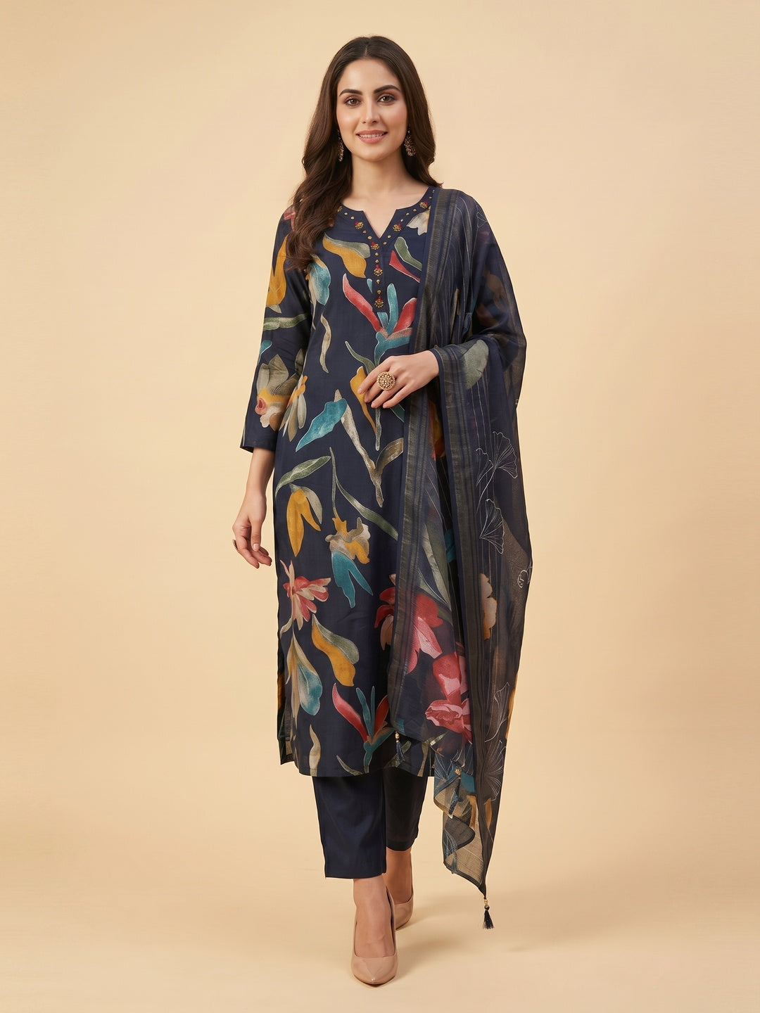 Navy Blue All Over Floral Viscose Rayon Straight Kurta Set Festive Glam - Image 4