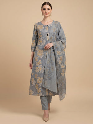 Powder Blue Salwar Suit in Pure Cotton Featuring Floral Prints & Slit Design - Image 1