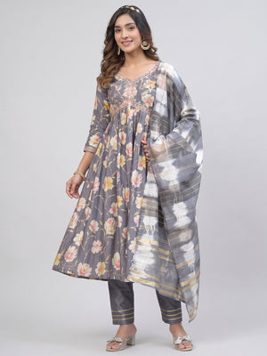 Grey Floral Printed Modal Anarkali Salwar Suit - Image 1