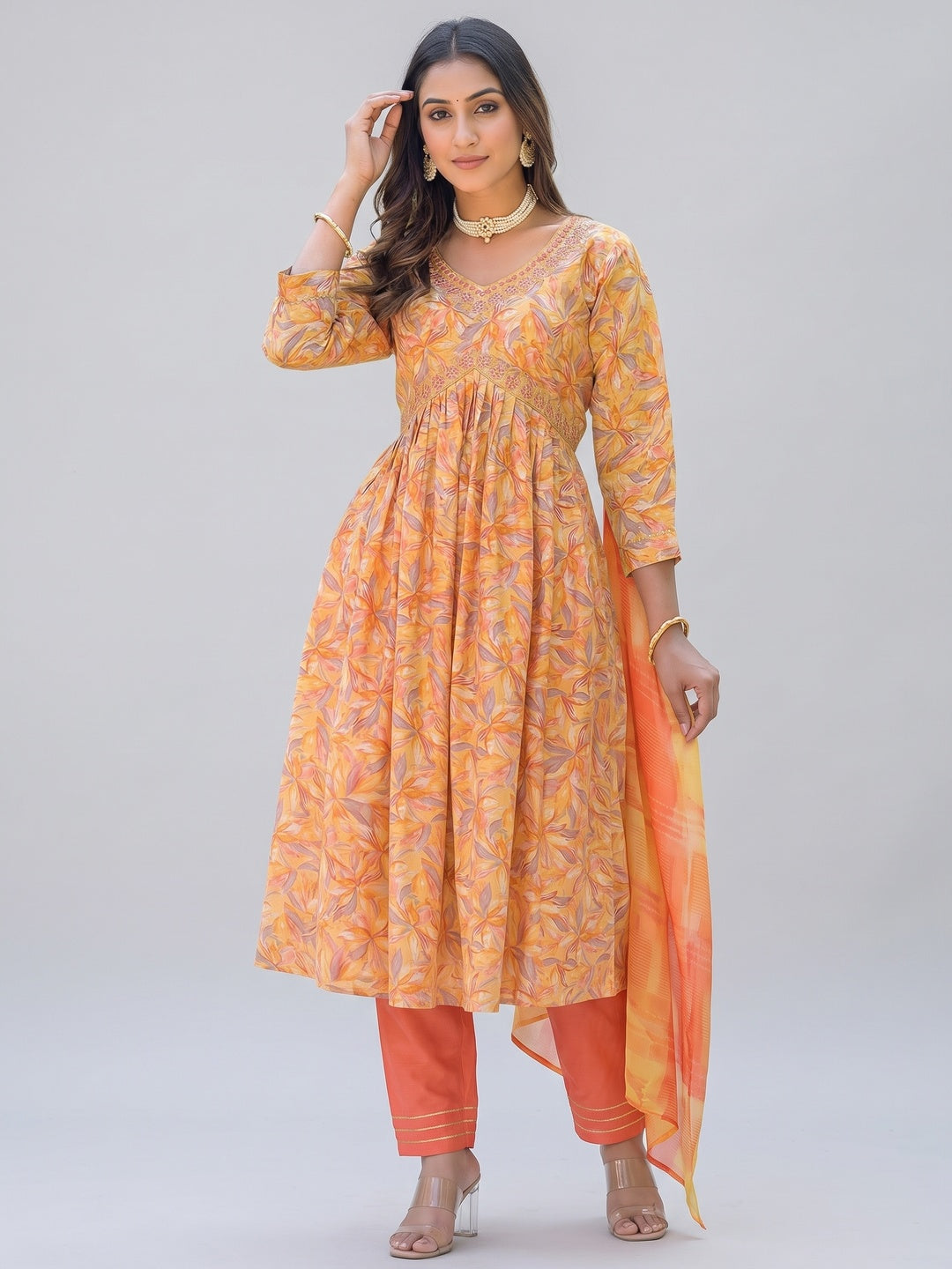 Yellow Floral Printed Modal Anarkali Salwar Suit - Image 5