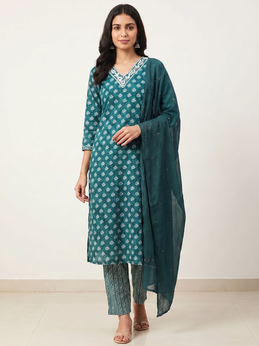 Teal Green Floral Printed Pure Cotton Salwar Suit - Image 4