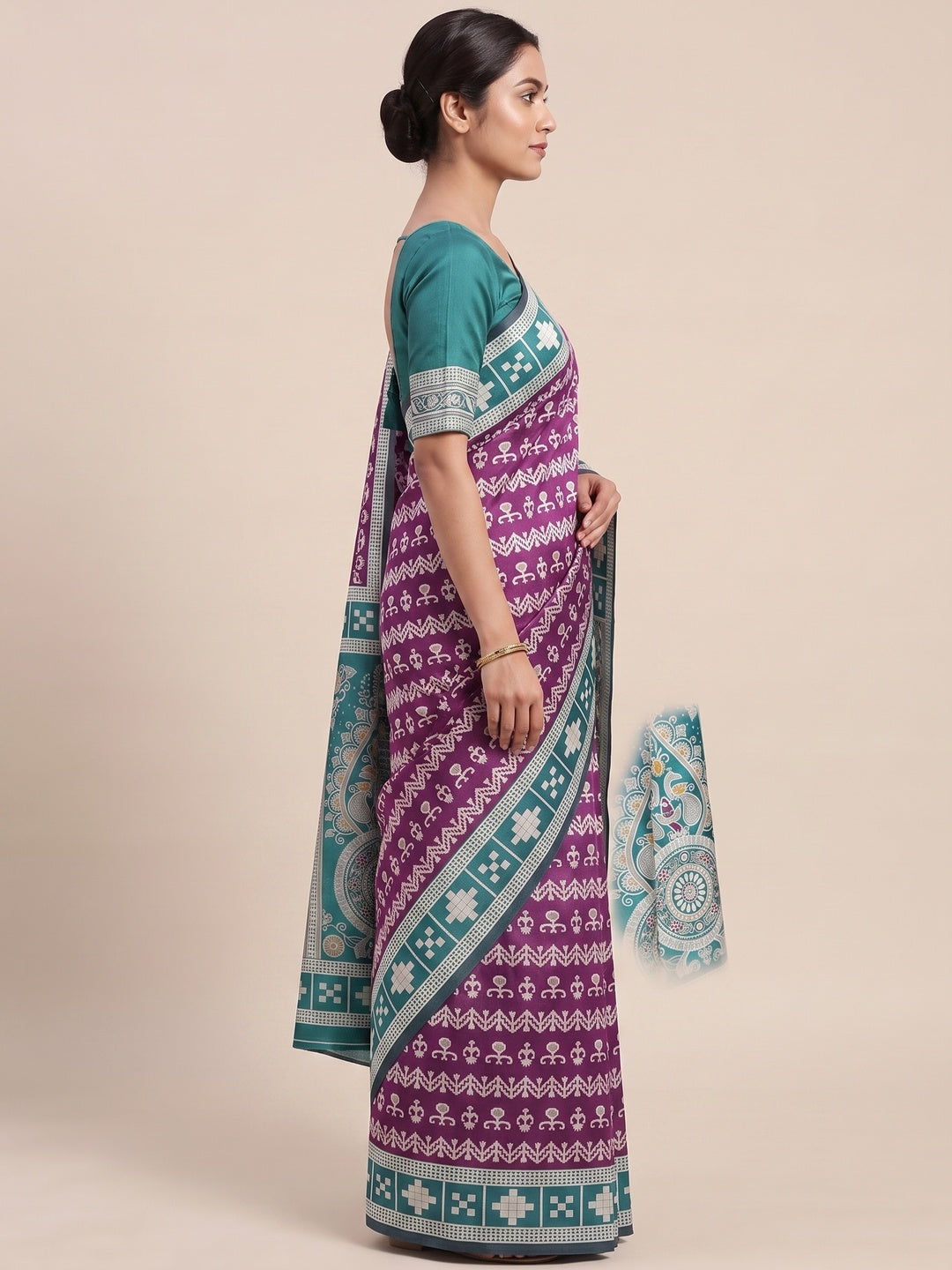 Purple Weaving Cotton Silk Saree With Contrasting Floral & Peacock Design Pallu - Image 4
