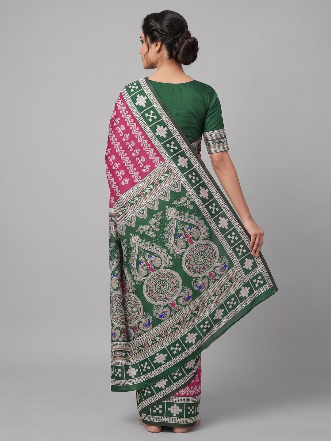 Pink Weaving Cotton Silk Saree With Contrasting Floral & Peacock Design Pallu - Image 2