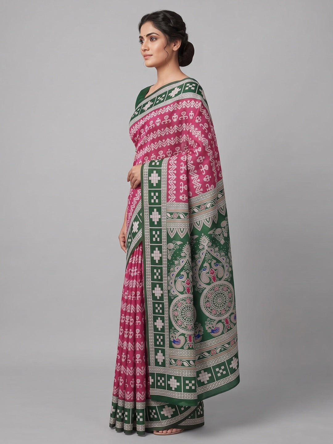 Pink Weaving Cotton Silk Saree With Contrasting Floral & Peacock Design Pallu - Image 3