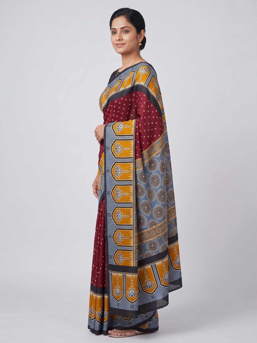 Classic Maroon Crepe Silk Saree Enhanced with Bandhani Work for Timeless Appeal - Image 3