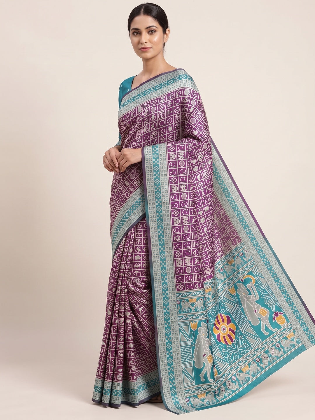Elegant Purple Weaving Cotton Silk Saree Accented With Detailed Madhubani Folk Art Work - Image 4