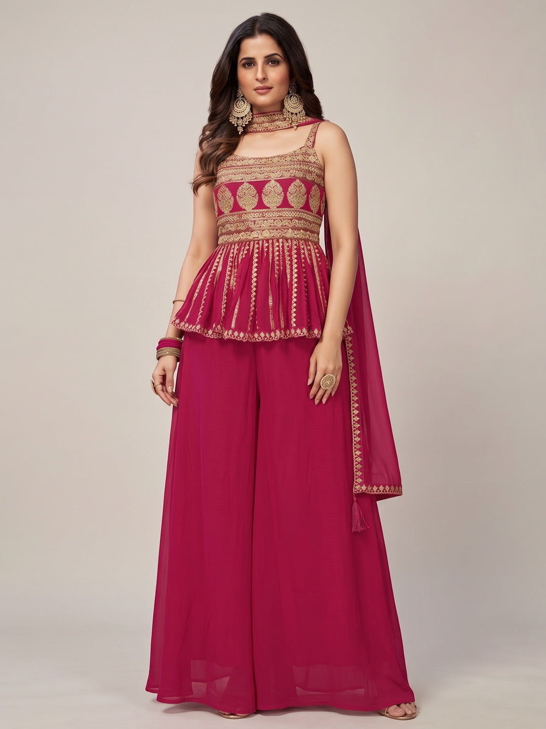 Rose Pink Party Wear Embroiddered Georgette Sharara Suit - Image 2