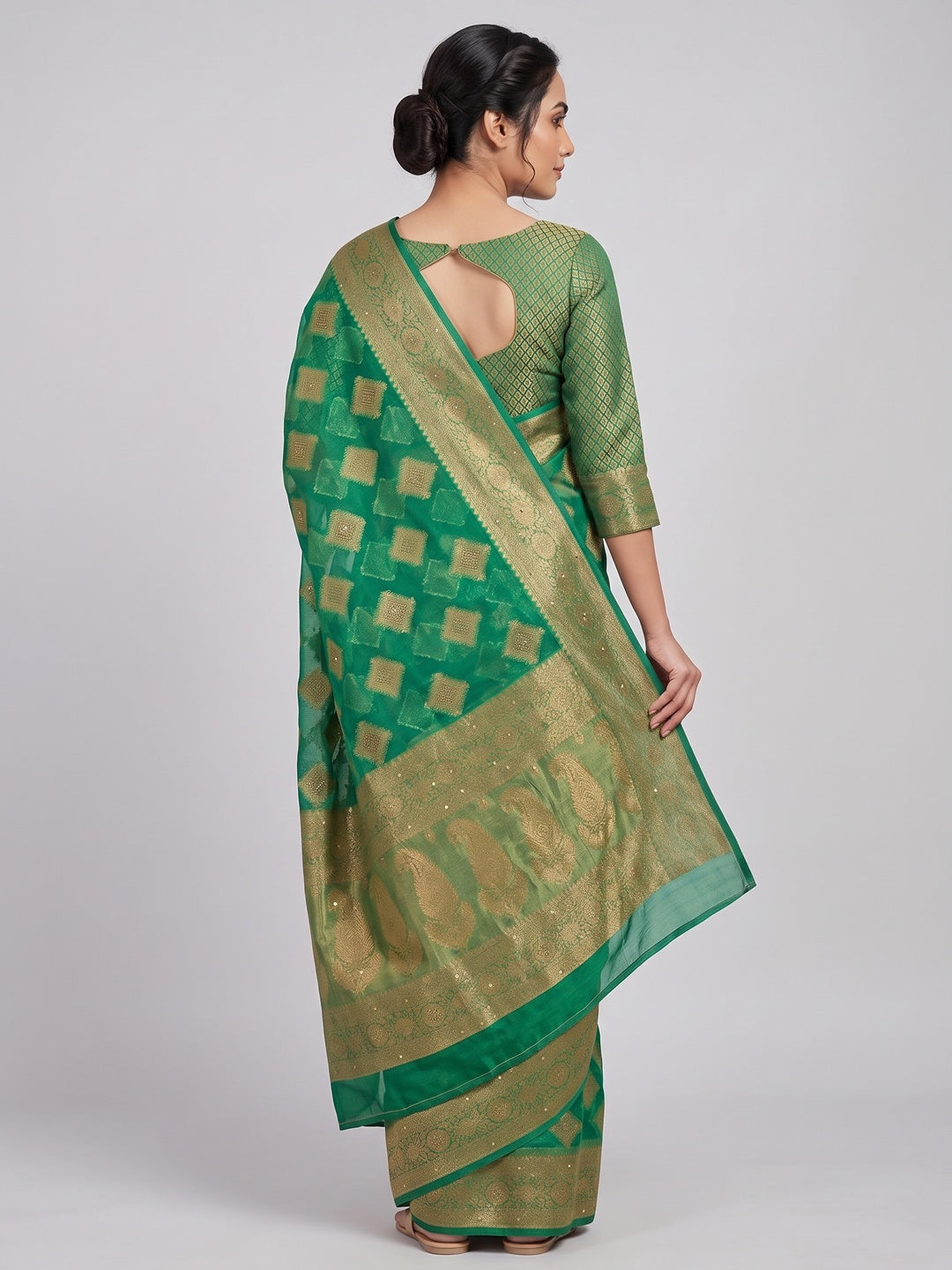 Green Woven With Stonework Organza Jacquard Saree - Image 2