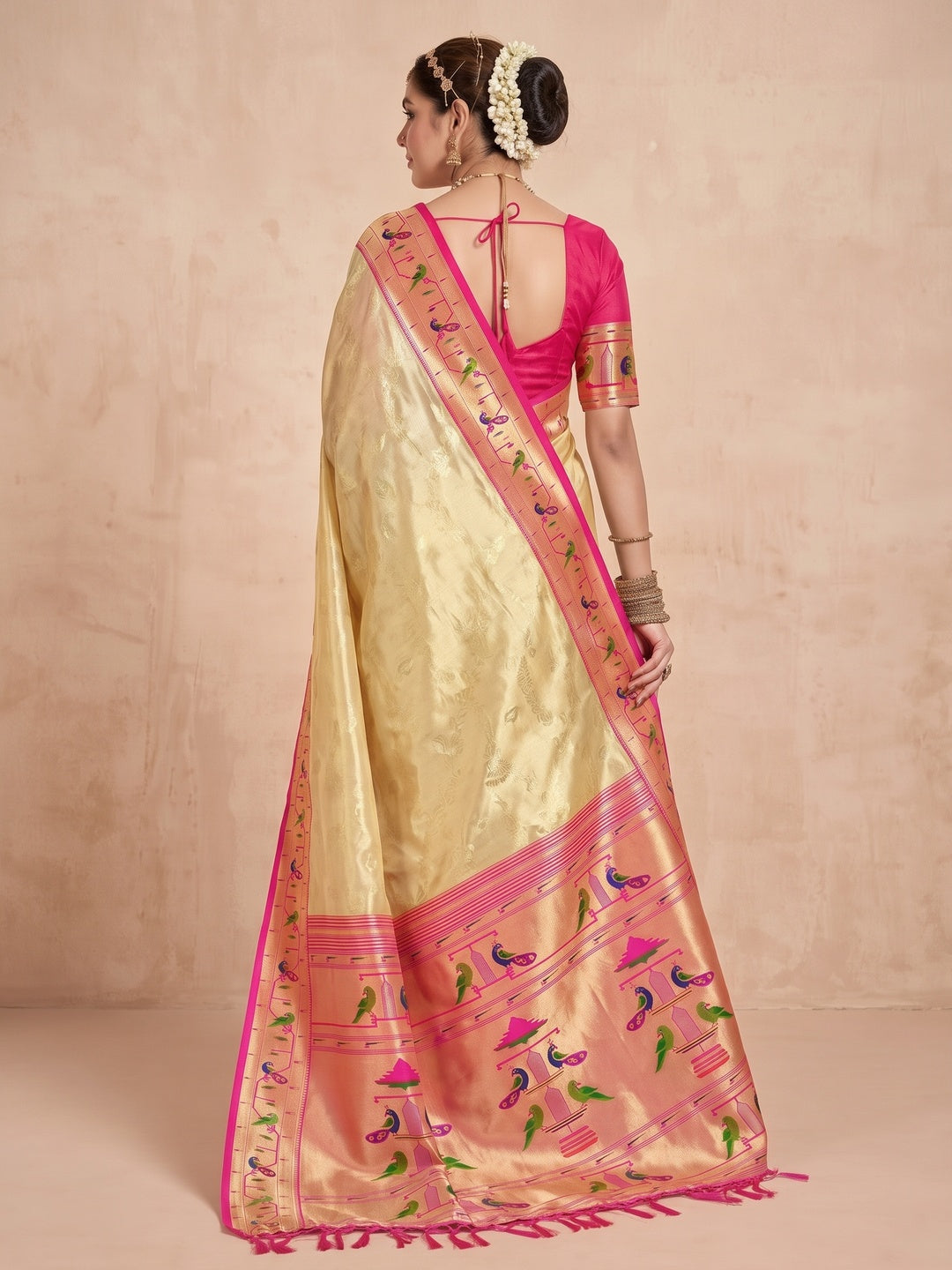 Beige Woven Tissue Paithani Saree With Tassels - Image 3