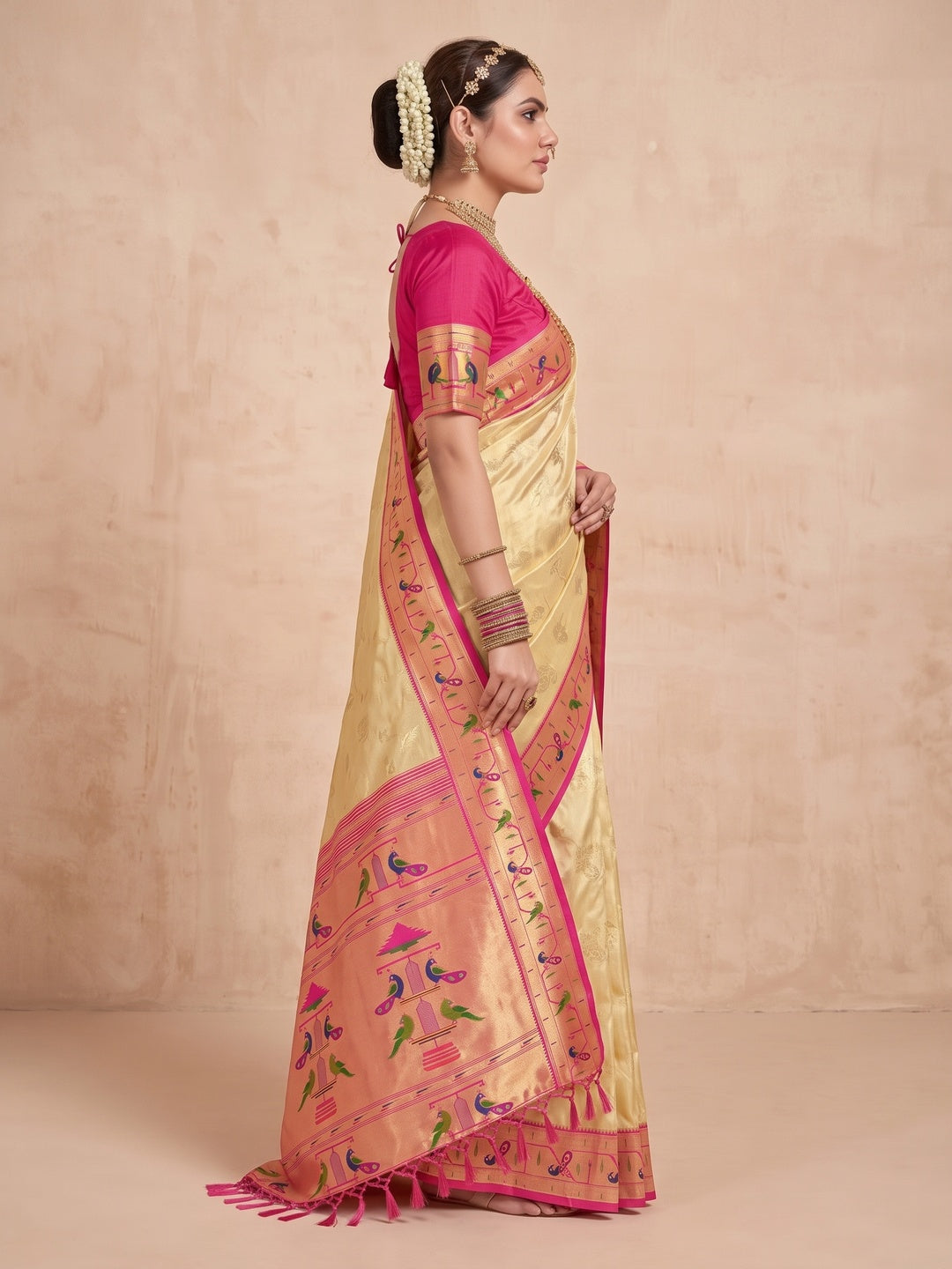 Beige Woven Tissue Paithani Saree With Tassels - Image 4