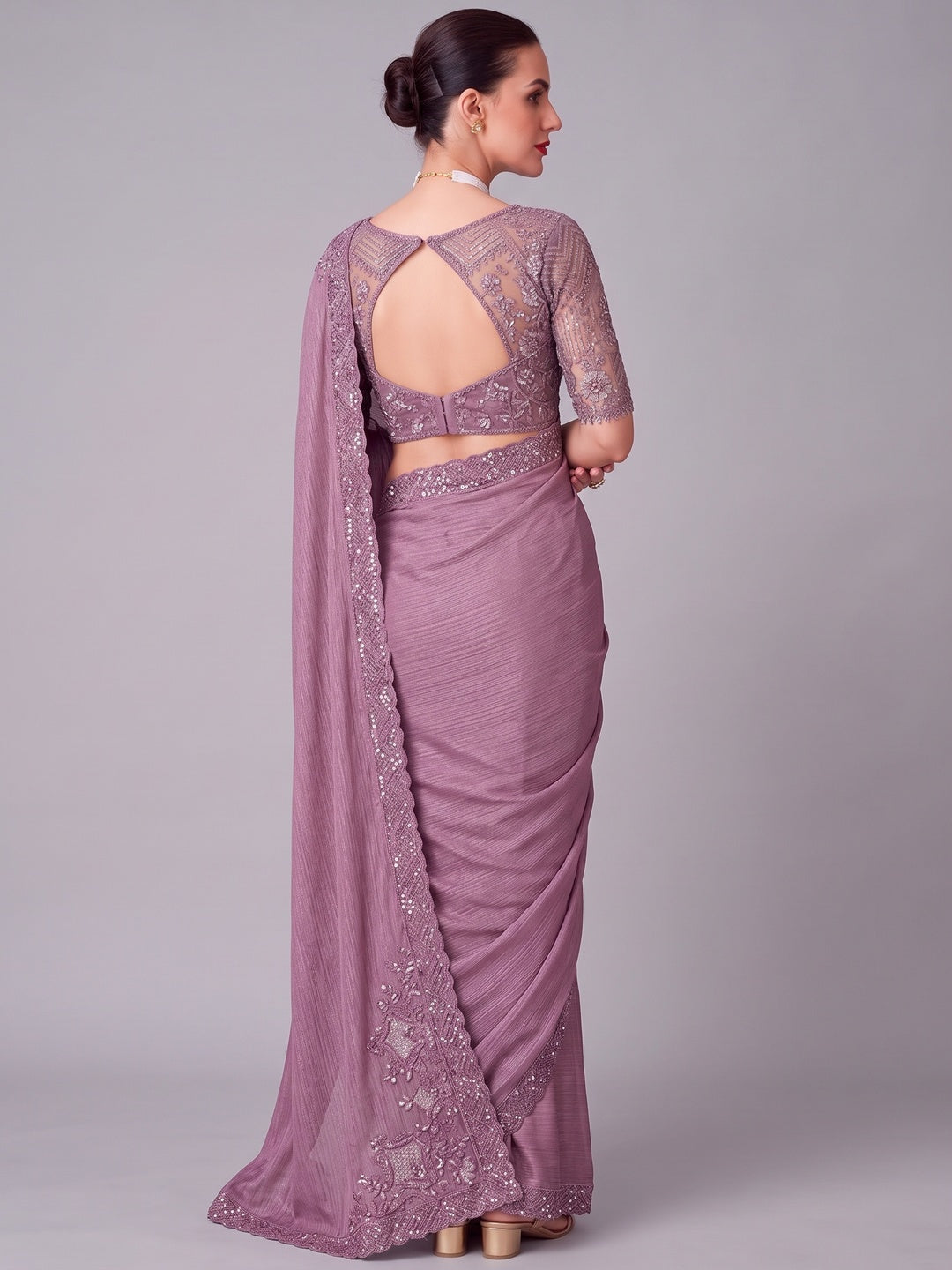 Mauve Sequins Embroidered Satin Saree - Image 2