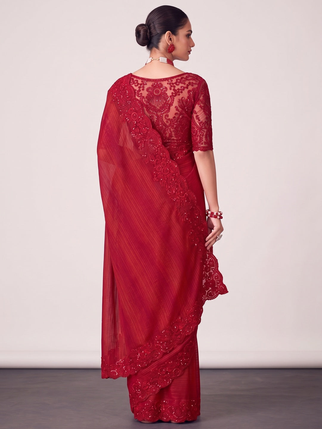 Red Sequins Embroidered Satin Saree - Image 2