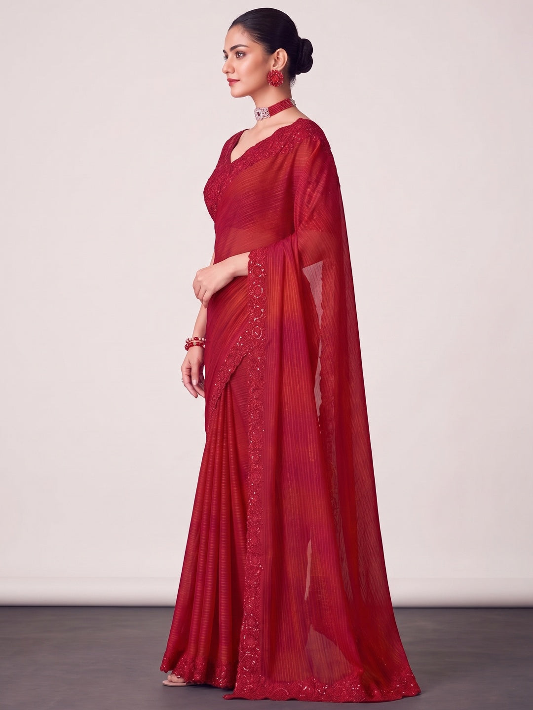 Red Sequins Embroidered Satin Saree - Image 3