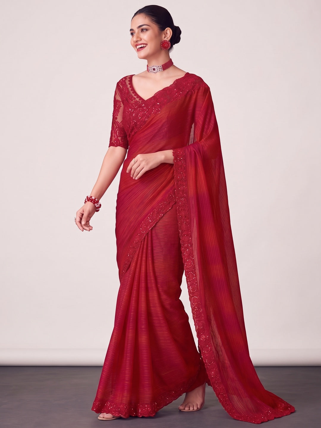 Red Sequins Embroidered Satin Saree - Image 4