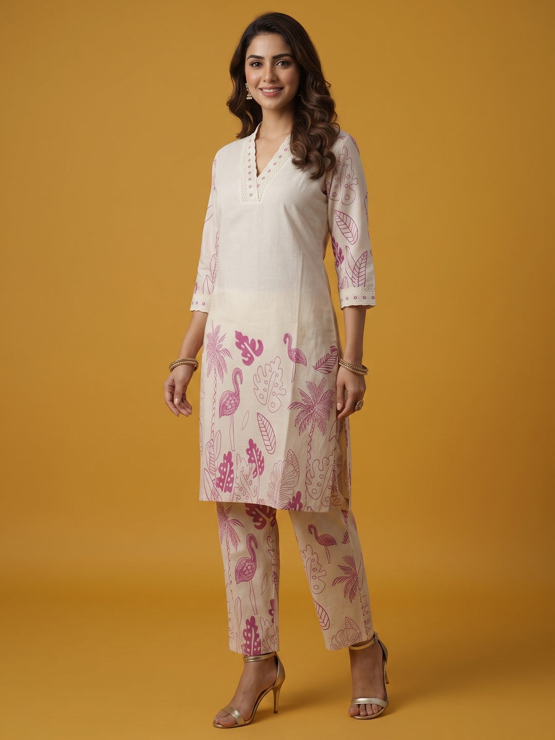 Off White Straight Co-ord in Cotton Flex with Floral Design - Image 1