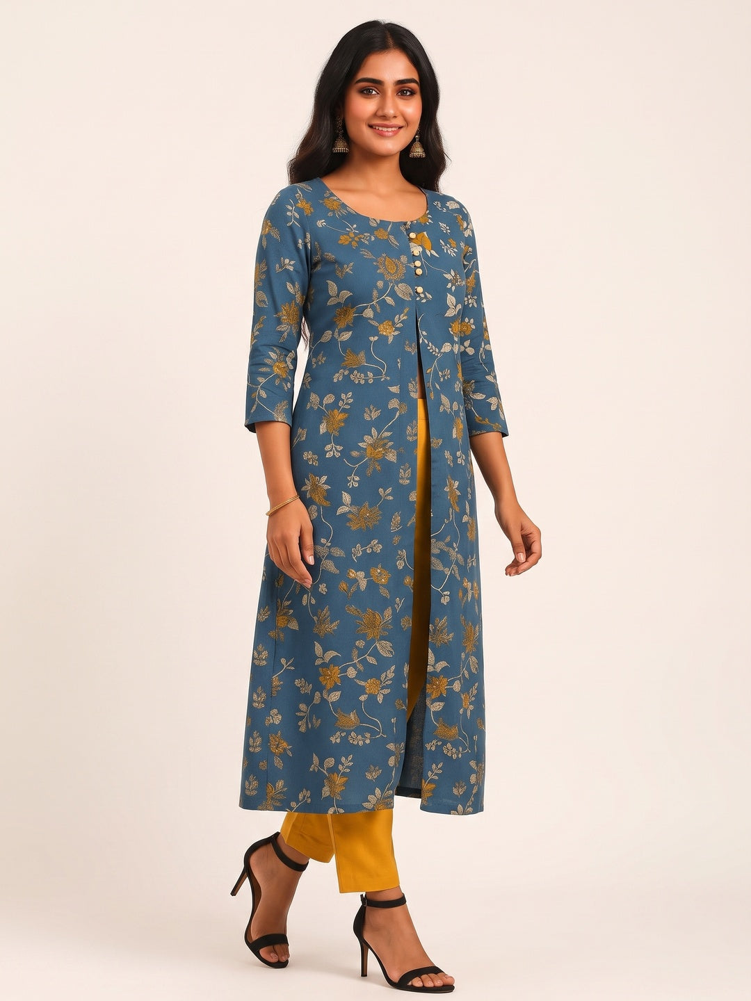 Blue Cotton Top Bottom Set Featuring Floral Prints & Handcrafted Details - Image 4