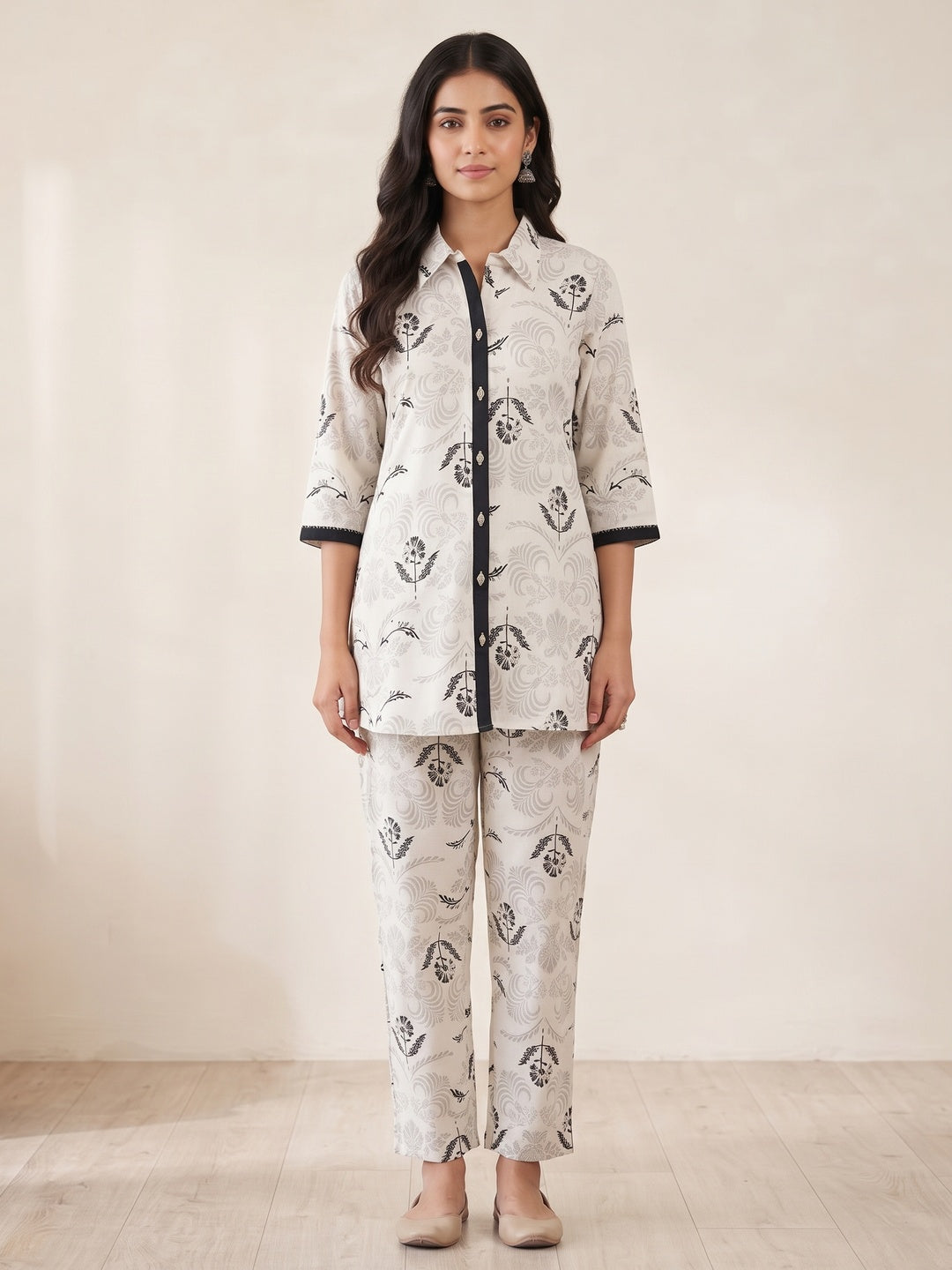 White Cotton Flex Floral Printed Top Bottom Set - Image 4