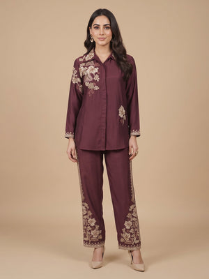 Gorgeous Wine Floral Embroidered Chinon Top Bottom Set for Party and Celebration Styling - Image 1