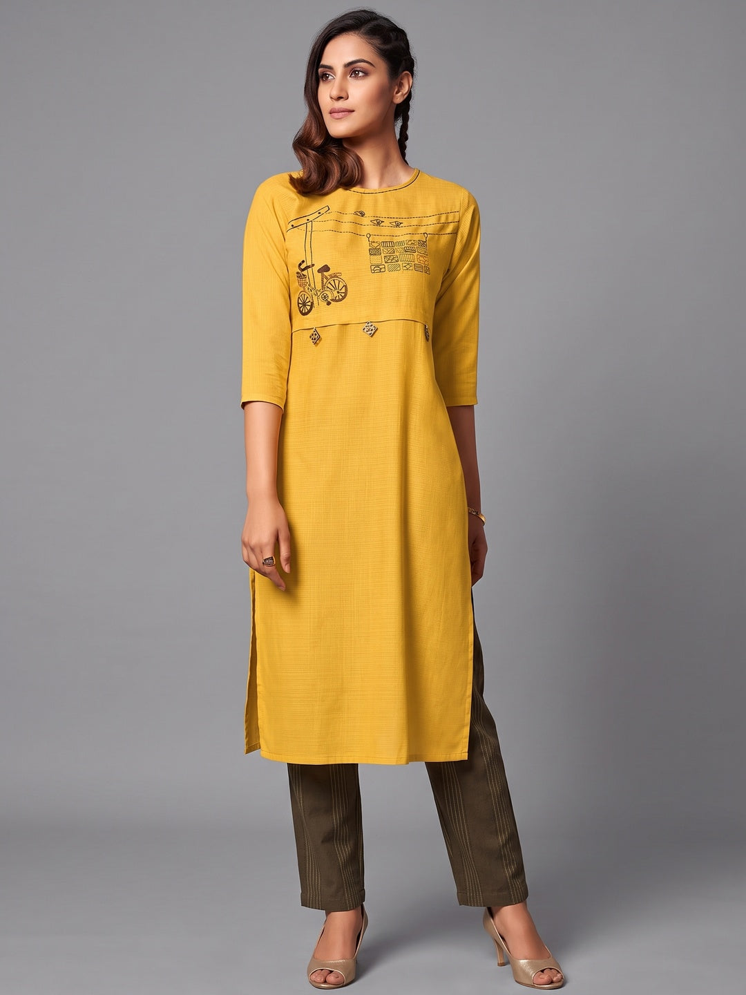 Impressive Yellow Colored Casual Wear Cotton Kurti With Bottom - Image 1
