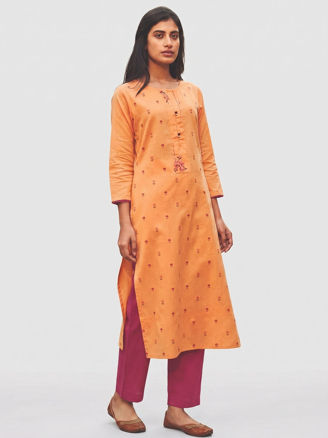 Orange Embroidered Pure Cotton Kurti Pant Set - Image 2