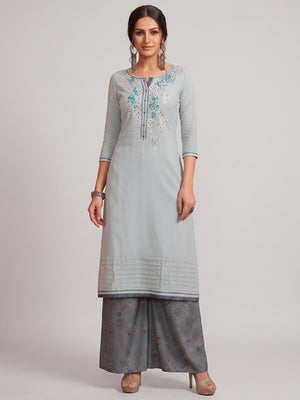 Pleasance Light Blue Colored Partywear Embroidered Pure Muslin-Silk Kurti-Palazzo Set - Image 1