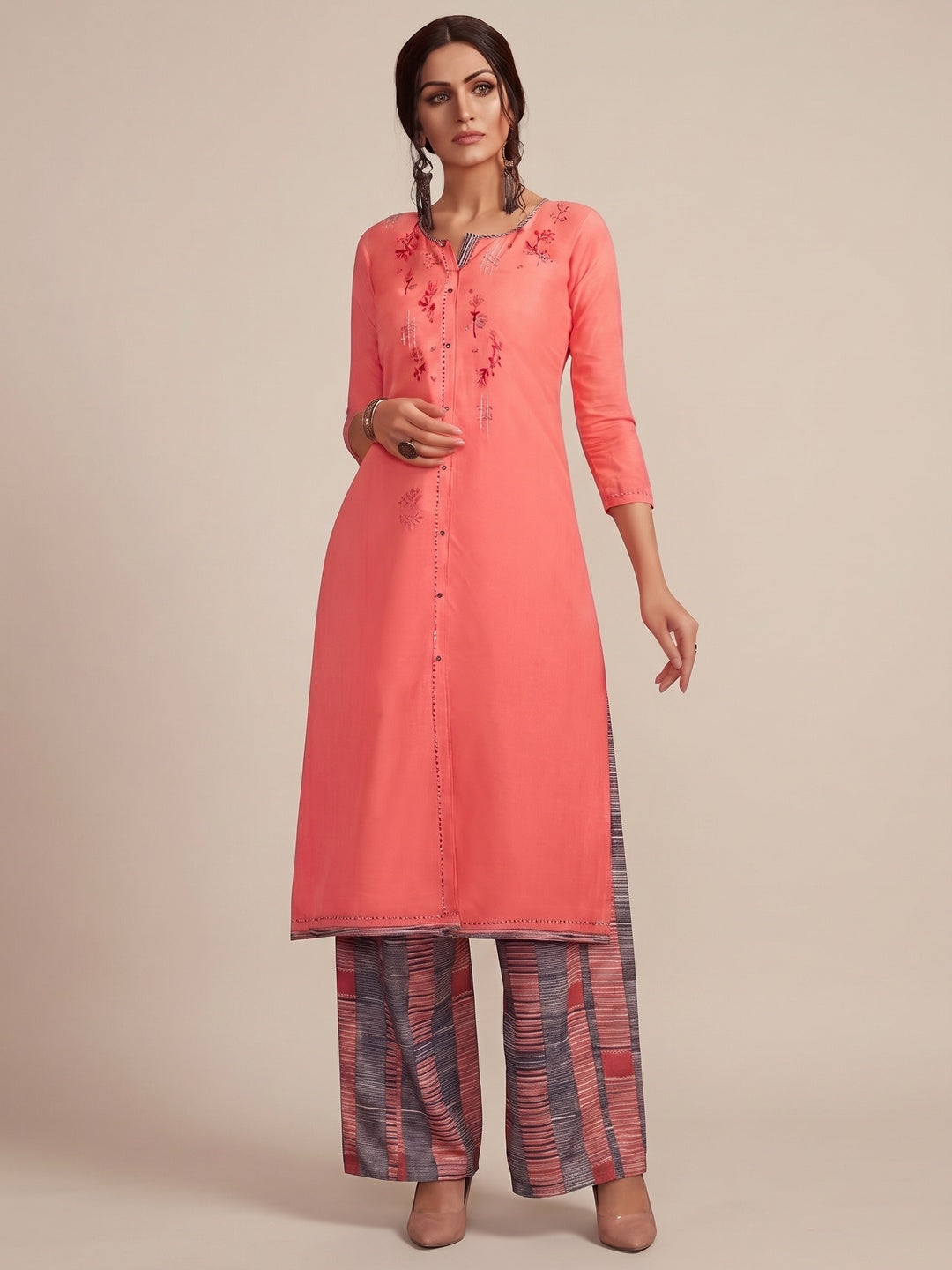 Ethnic Pink Colored Partywear Embroidered Pure Muslin-Silk Kurti-Palazzo Set - Image 1