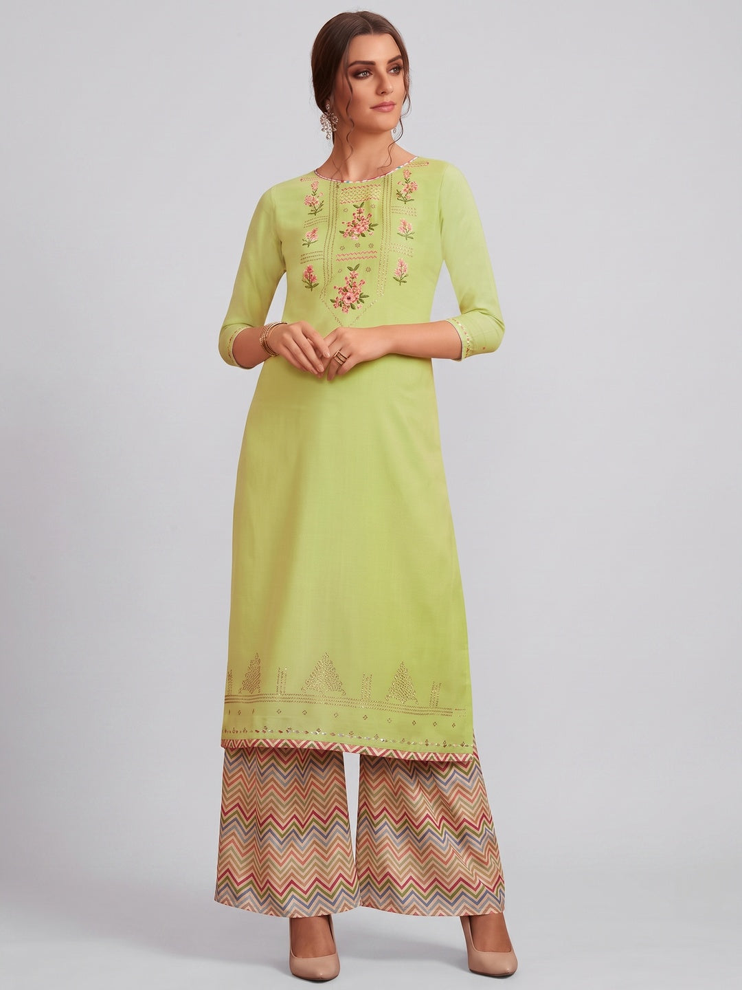 Breathtaking Bright Green Colored Partywear Embroidered Pure Muslin-Silk Kurti-Palazzo Set - Image 1