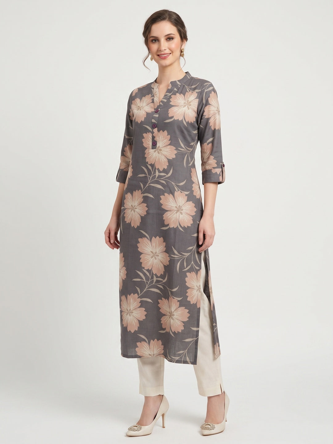 Chic Light Grey Straight Cut Kurti In Linen Vatican With Floral Print Detailing - Image 1