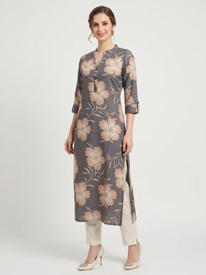 Chic Light Grey Straight Cut Kurti In Linen Vatican With Floral Print Detailing - Image 1