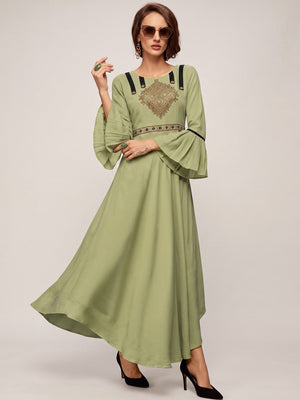 Breathtaking Pista Green Colored Partywear Embroidered Rayon Long Kurti - Image 1