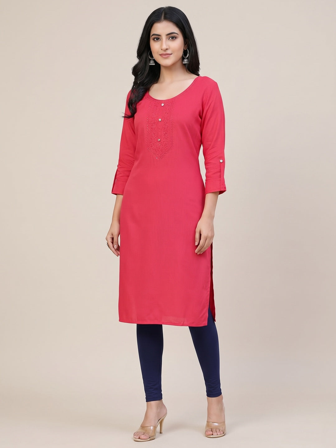 Pink Embroidered Rayon Kurti - Image 2