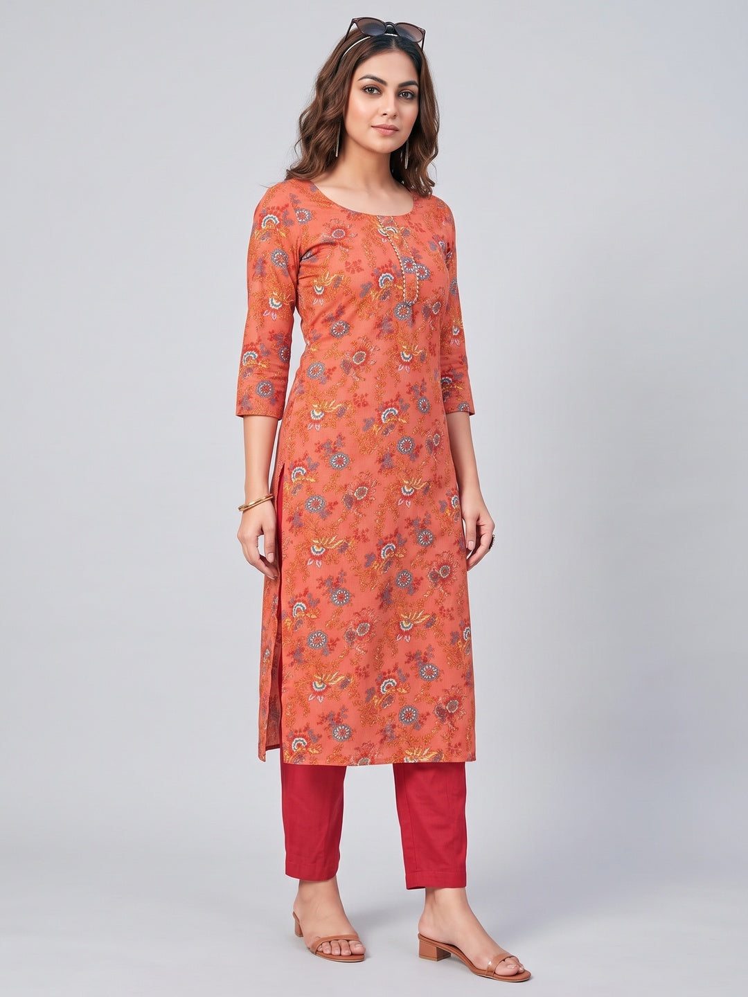 Peach Floral Printed Cotton Blend Kurti - Image 2