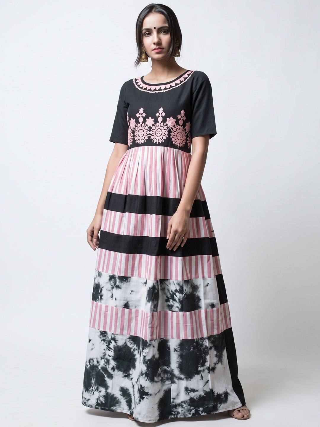 Black-Pink Embroidered Linen Long Kurti - Image 1