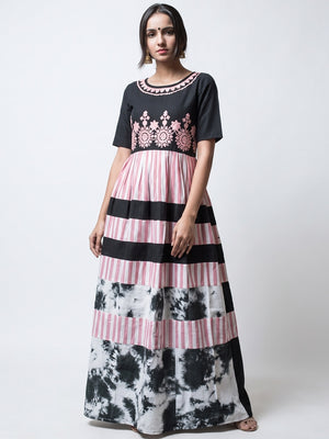 Black-Pink Embroidered Linen Long Kurti - Image 1