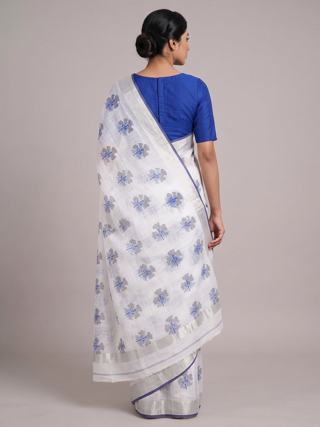 White & Blue Floral Printed Linen Saree - Image 2