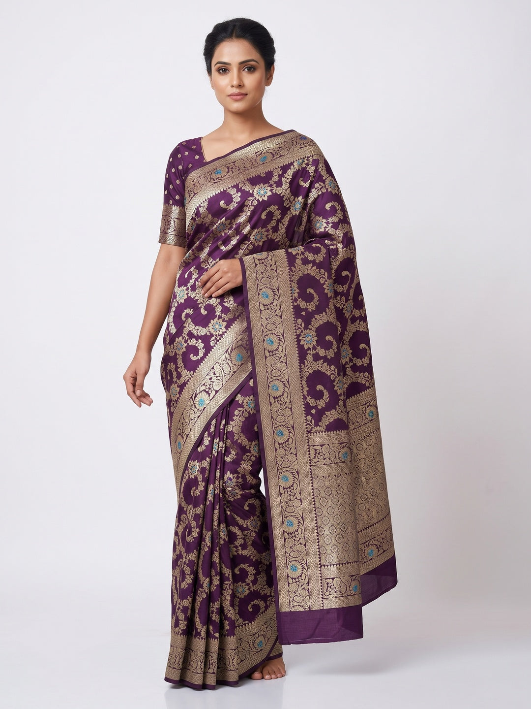 Purple Pure Silk Drape Featuring Traditional Heavy Zari Weaving for a Royal Look - Image 1