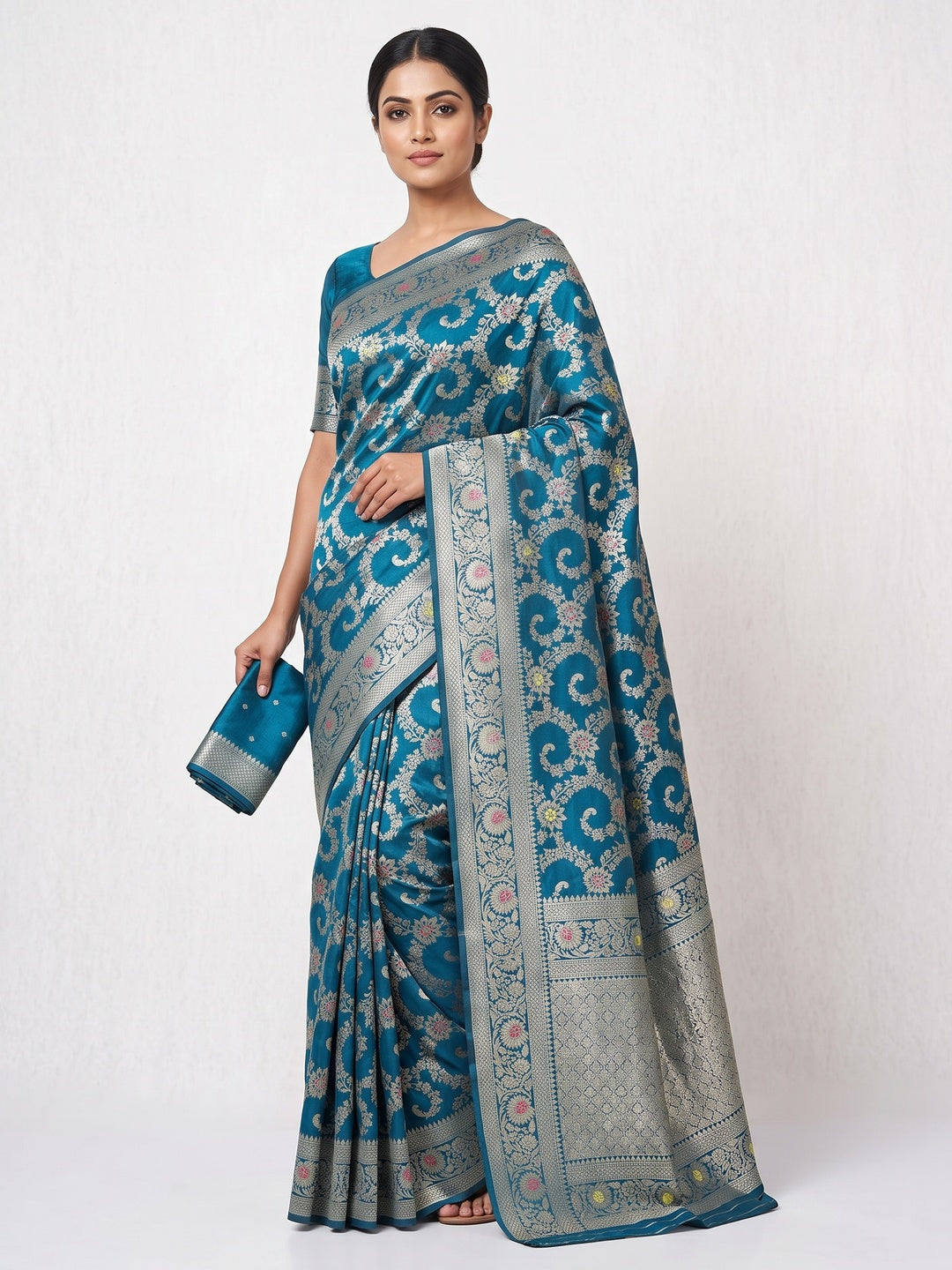 Teal Pure Silk Drape Featuring Traditional Heavy Zari Weaving for a Royal Look - Image 1