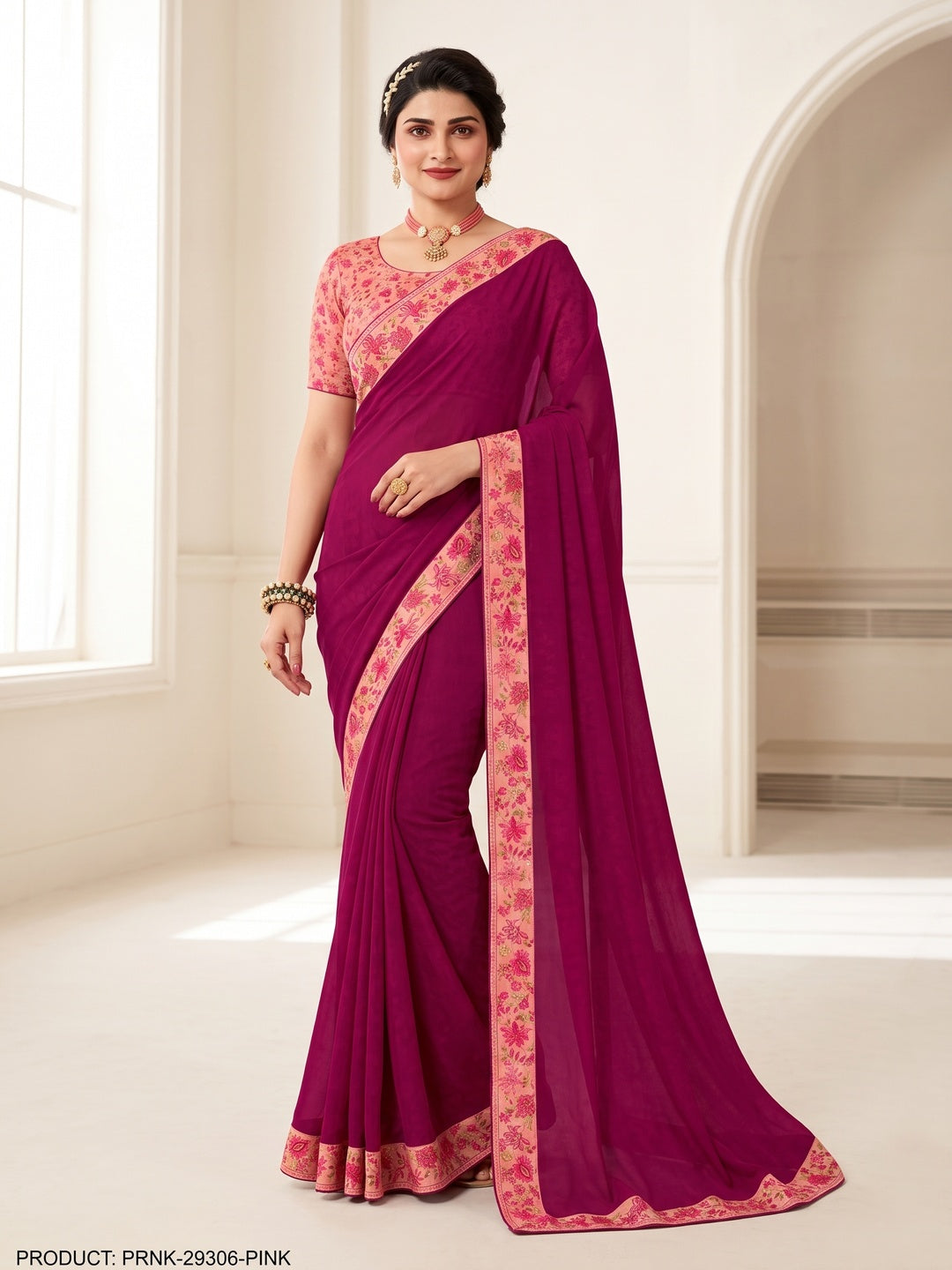 Pink Floral Digital Printed Georgette Saree - Image 1