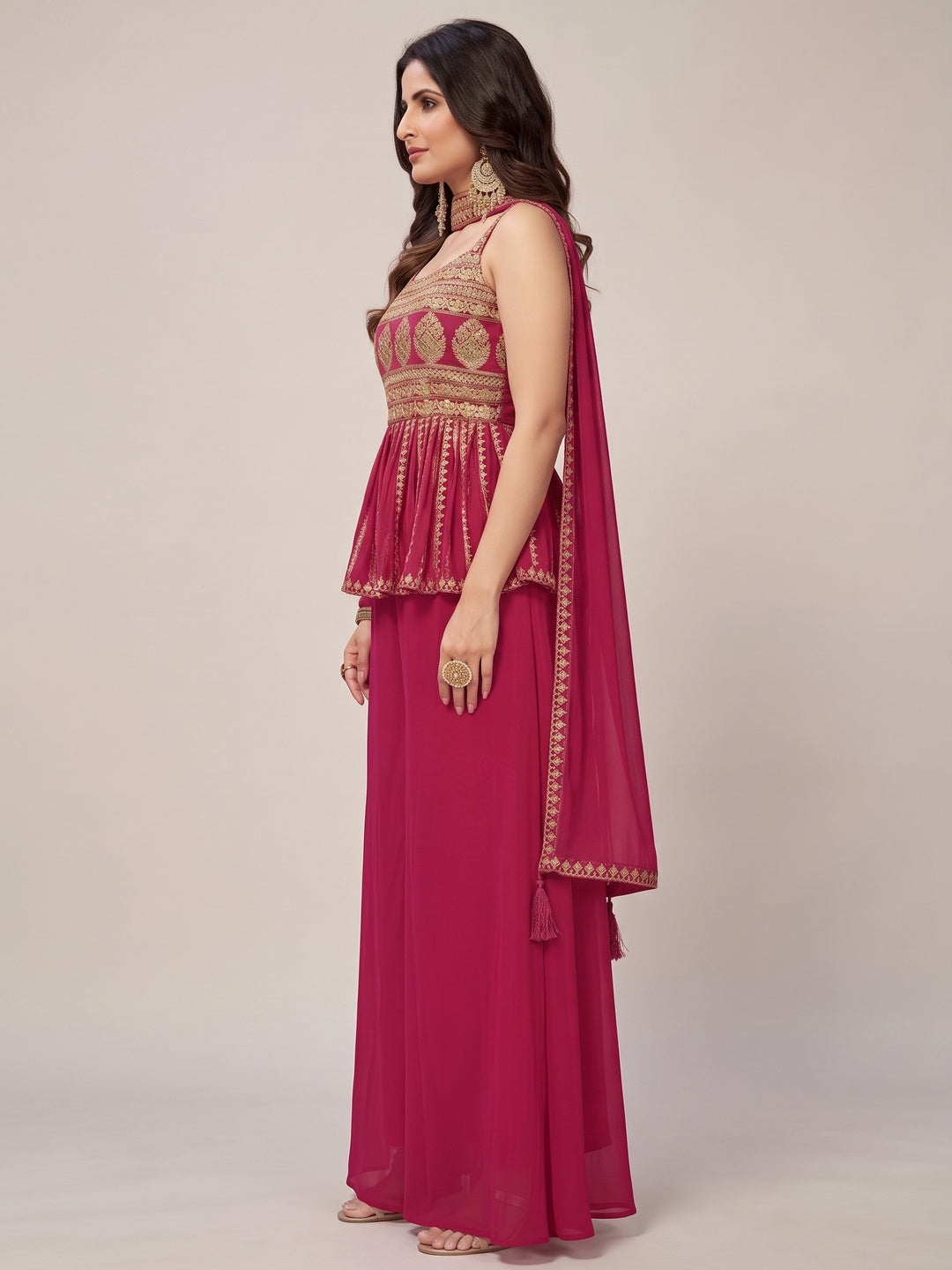Rose Pink Party Wear Embroiddered Georgette Sharara Suit - Image 4