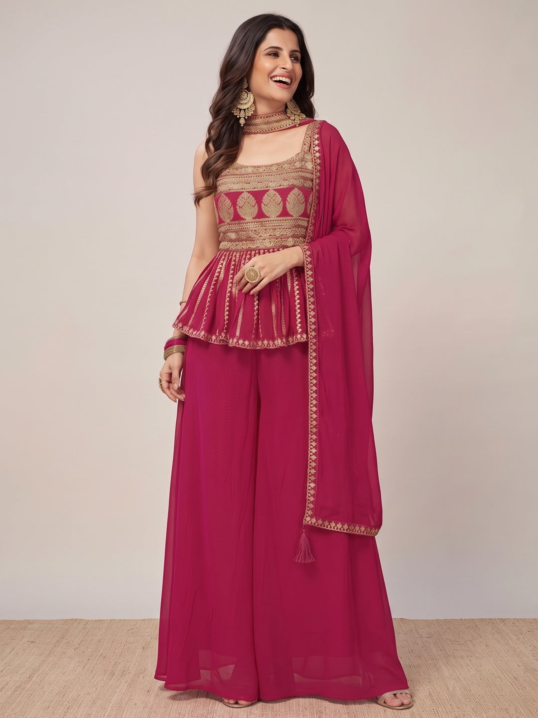 Rose Pink Party Wear Embroiddered Georgette Sharara Suit - Image 5