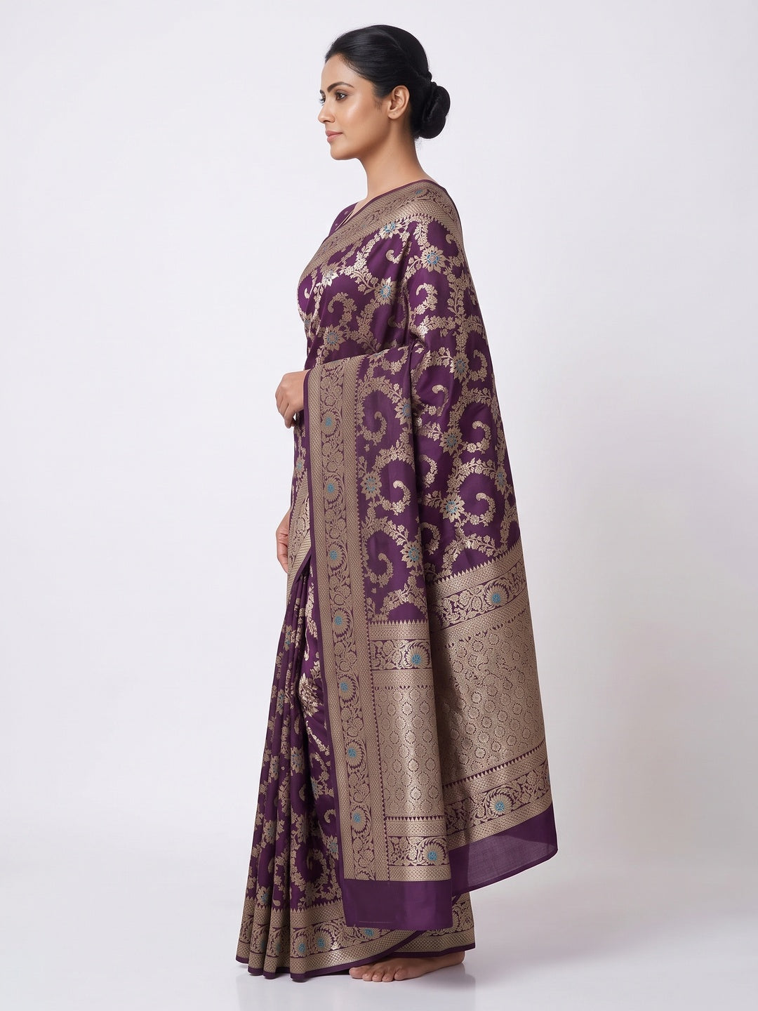 Purple Pure Silk Drape Featuring Traditional Heavy Zari Weaving for a Royal Look - Image 3