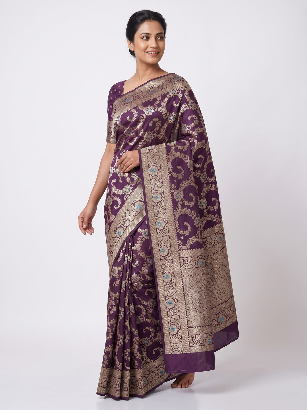 Purple Pure Silk Drape Featuring Traditional Heavy Zari Weaving for a Royal Look - Image 4
